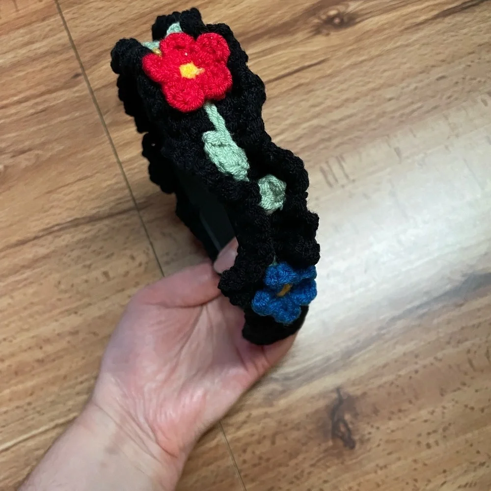 Black Multicolor Floral Knit/ Crochet Headband